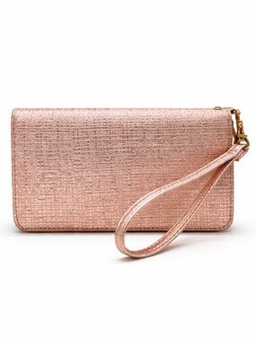 Rose Gold Metallic Wristlet Wallet Zip Around Clutch Phone Holder Textured Lux